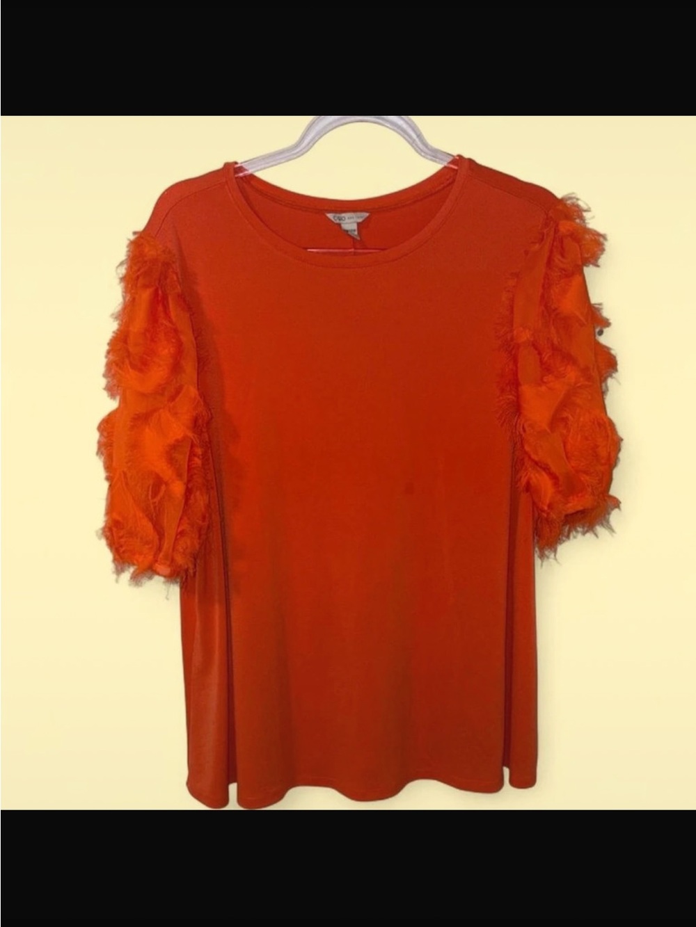 Cato Bright Orange Feathered Puff Sleeve Tee